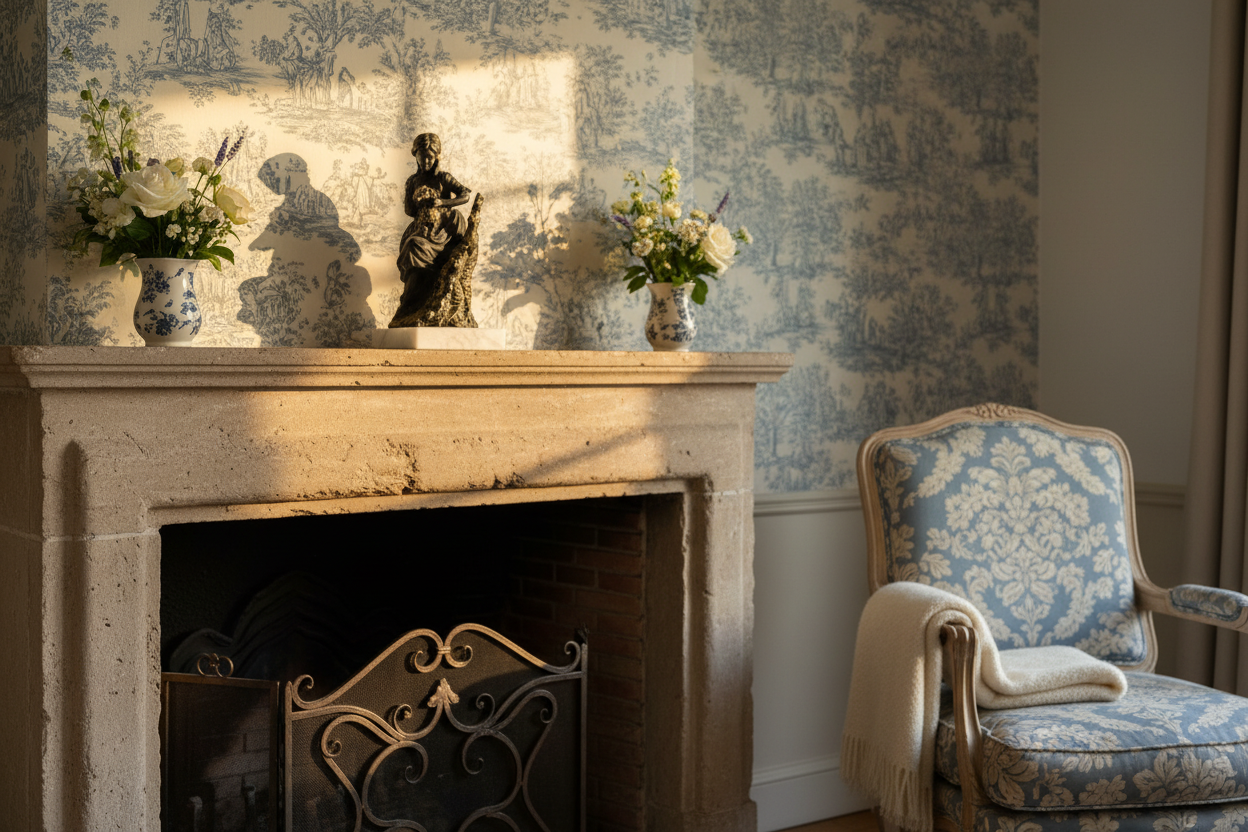 Shepherdess with lamb figurine on mantelpiece in French country house living room