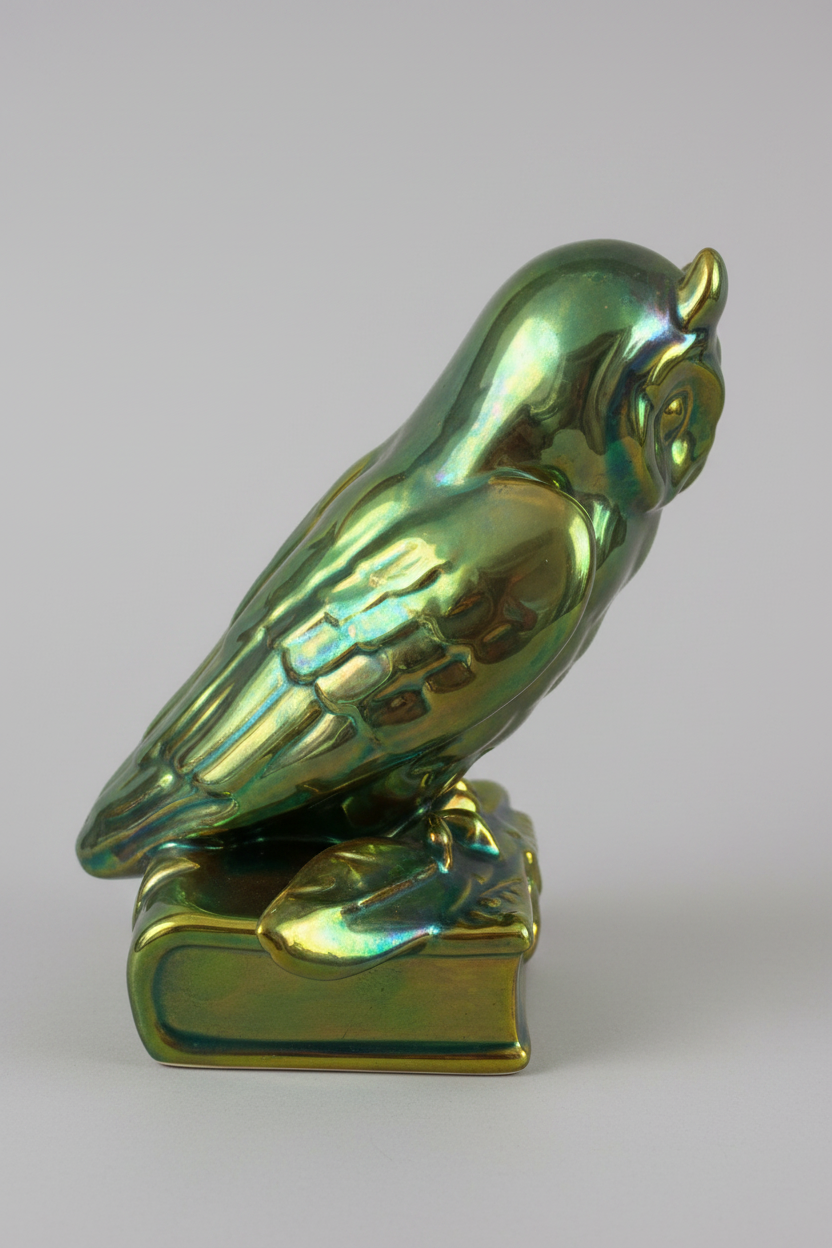 Zsolnay eosin owl — side view left, neutral grey background