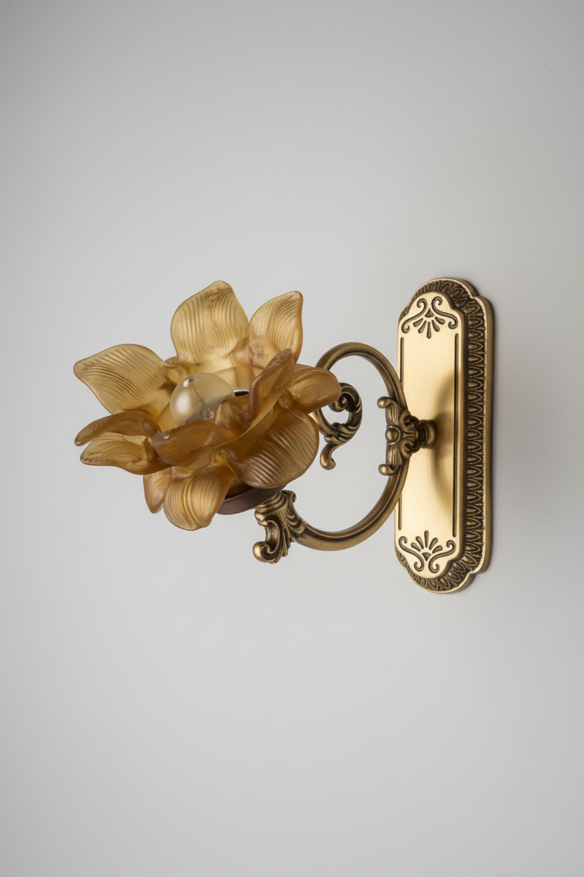 Art Nouveau brass wall sconce — front neutral grey background