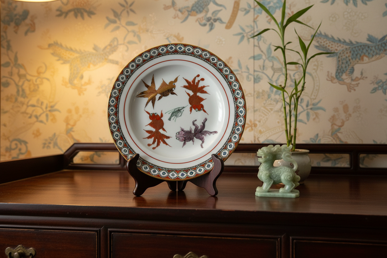 Chinese koi fish plate on lacquered sideboard in chinoiserie interior