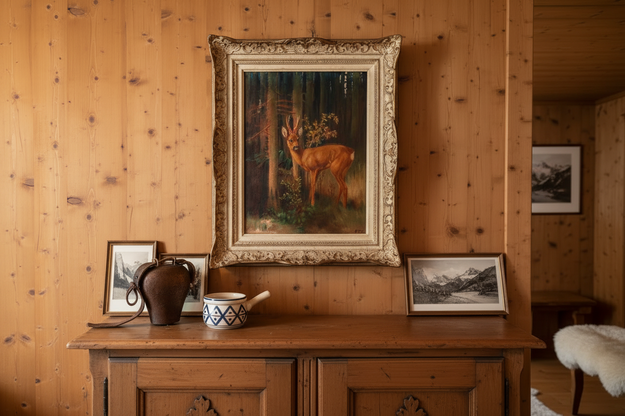 Painting hanging above sideboard in Swiss chalet interior, natural daylight