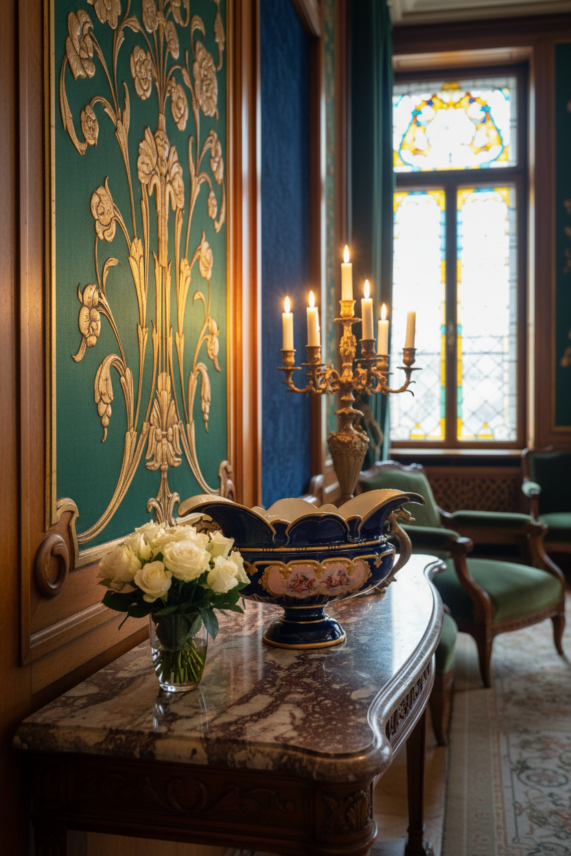 Zsolnay cobalt blue vase on marble console in opulent Art Nouveau drawing room