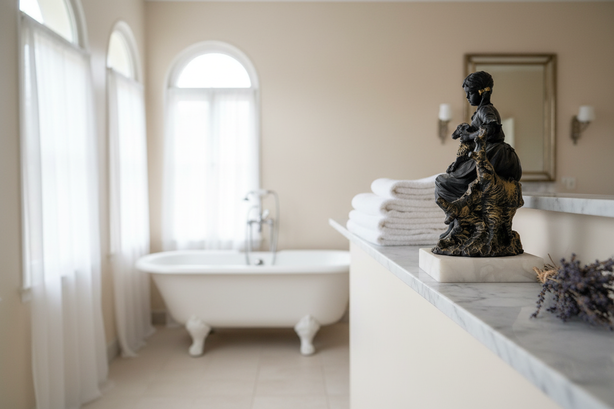 Shepherdess with lamb figurine on shelf in French country house bathroom