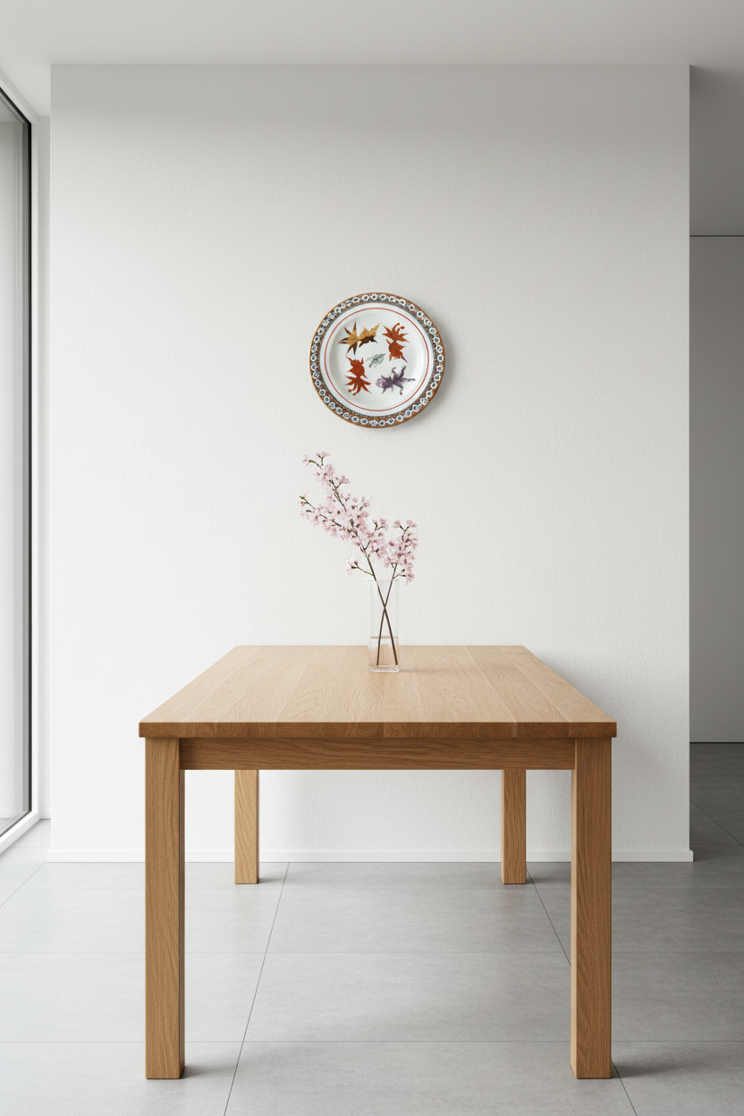 Chinese koi fish plate as wall art in Japandi dining room with cherry blossom