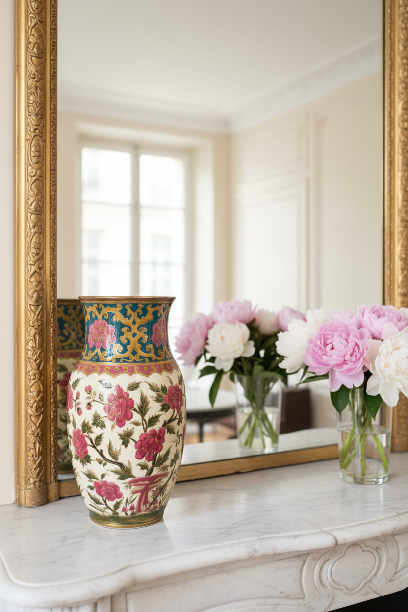 Zsolnay porcelain vase on marble mantelpiece in Parisian apartment