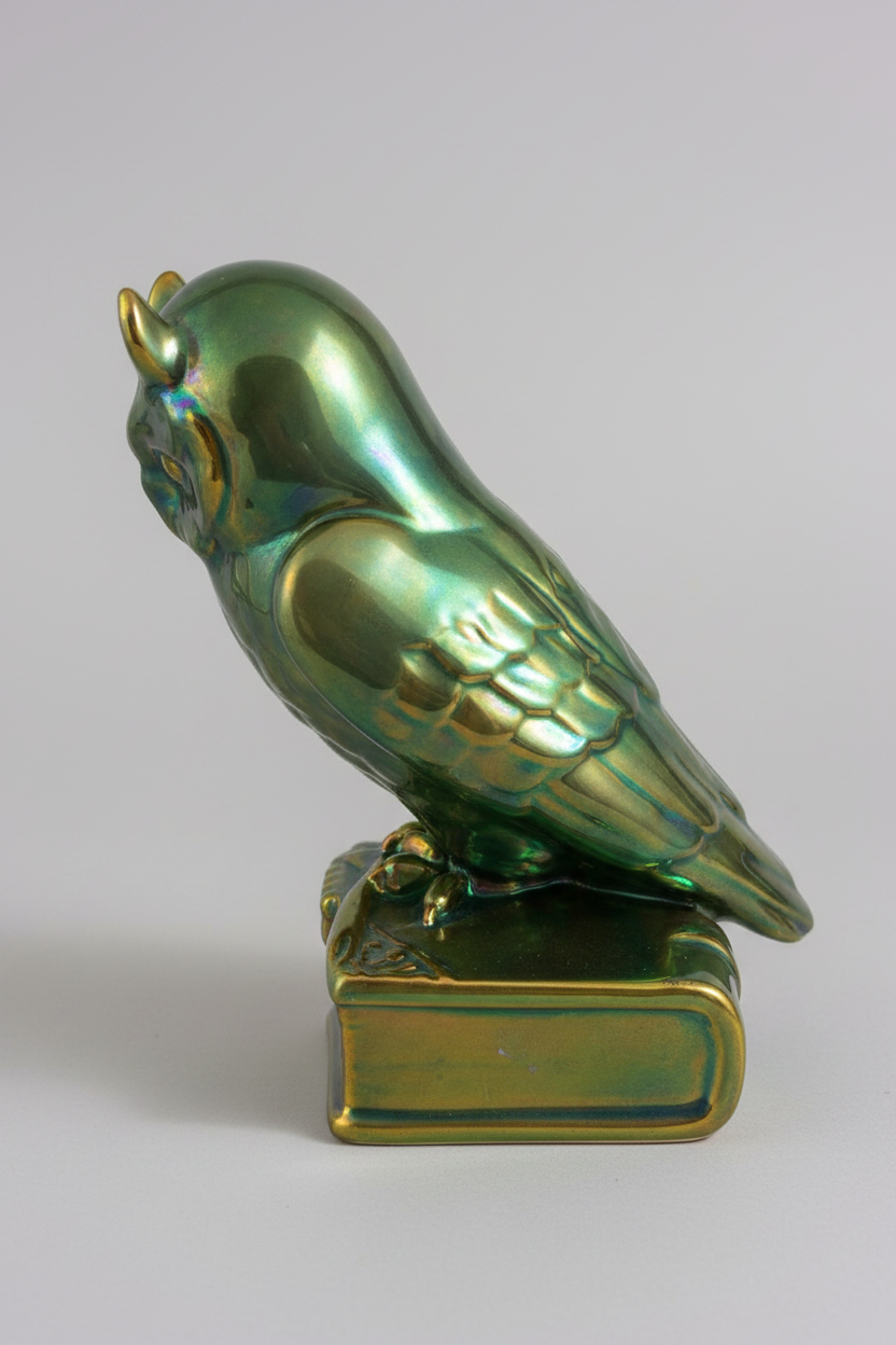 Zsolnay eosin owl — side view right, neutral grey background