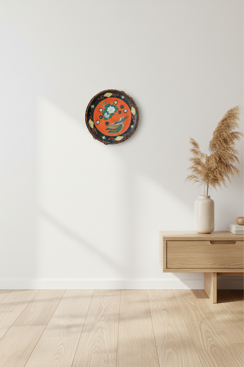 Japanese export porcelain plate displayed as wall art in Japandi-style interior