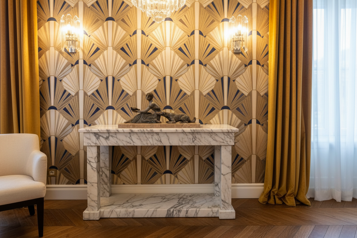 Bronze sculpture styled in French Art Deco living room