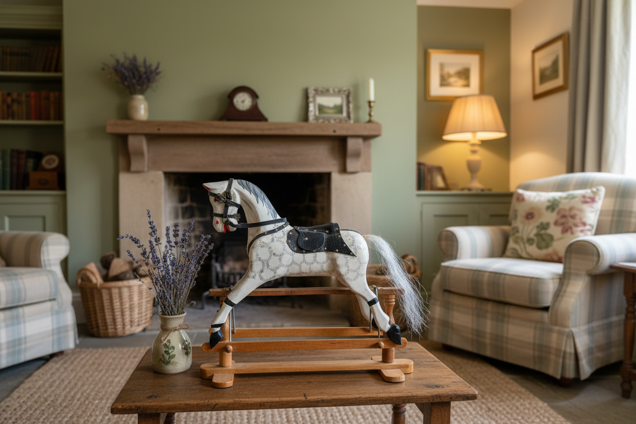 Vintage miniature wooden rocking horse on mantelpiece in English country cottage