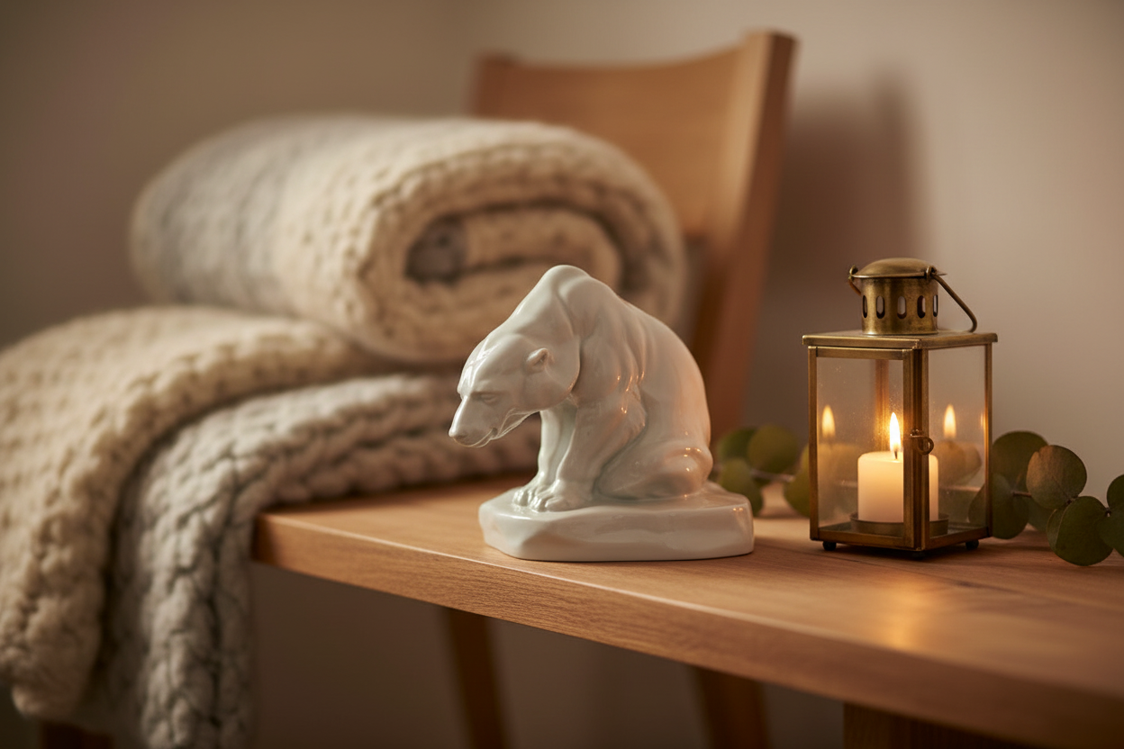 Herend polar bear figurine on shelf with brass lantern and dried eucalyptus
