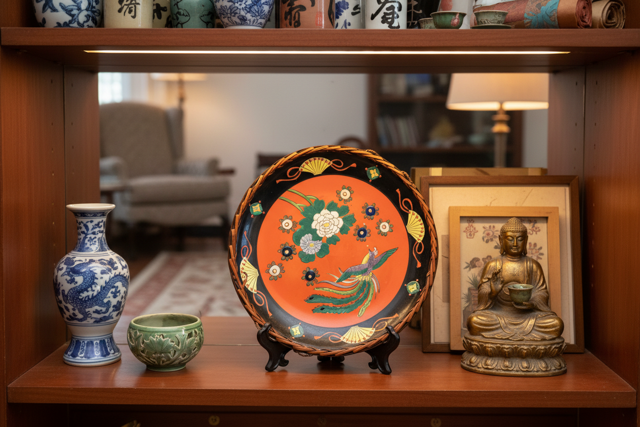 Japanese export porcelain plate on collector's shelf with Asian ceramics