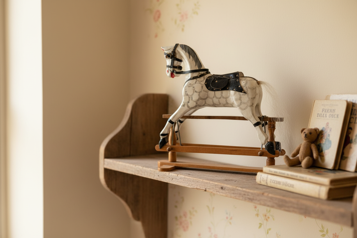 Vintage miniature wooden rocking horse on rustic shelf in country house nursery