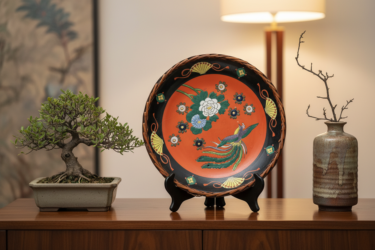 Japanese export porcelain plate on plate stand on dark wooden sideboard with bonsai