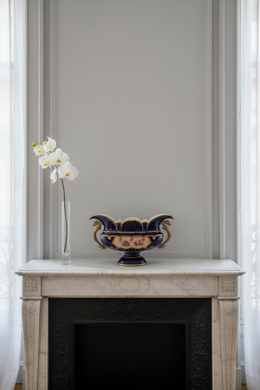 Zsolnay cobalt blue vase on marble mantelpiece in elegant Parisian apartment