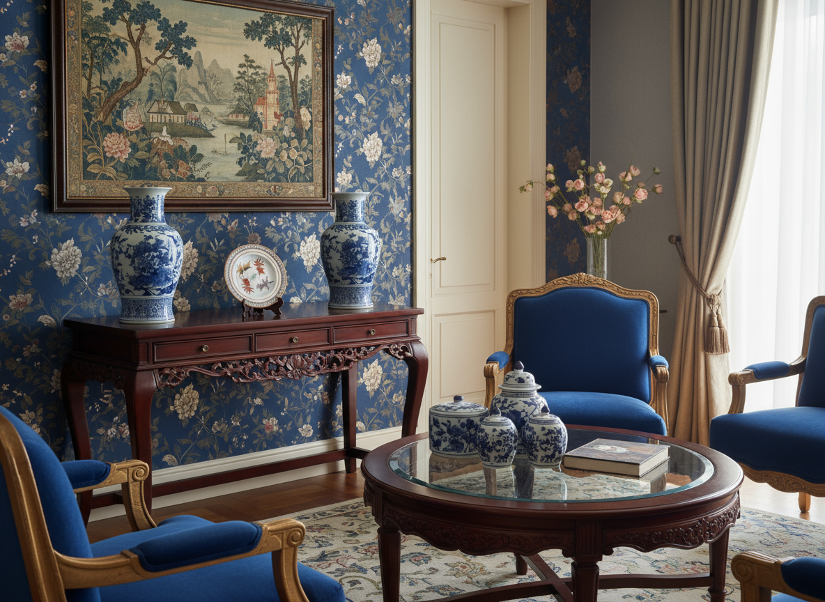 Koi fish plate in chinoiserie living room