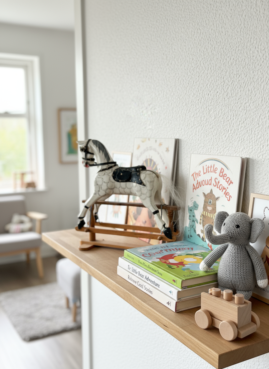 Rocking horse on shelf with books and toys